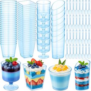 Funnymoom 300 Pack Clear Blue Mini Dessert Cups with Spoons 5oz 3oz Plastic Square Slanted Parfait Appetizer Shooter Round Goblet for Dessert Table Birthday Party Ice Cream Pudding Mousse Yogurt