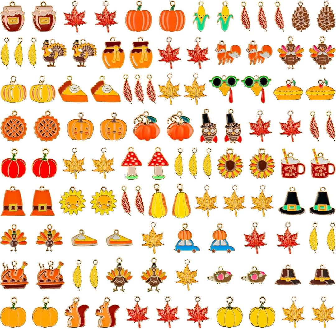 X Hot Popcorn 110 Pcs Fall Charms for Jewelry Making Thanksgiving Pendants Enamel Pumpkin Maple Leaf Turkey Autumn Charms for Bracelets Necklaces Earrings Making