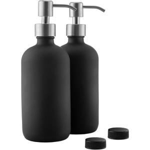 Cornucopia Brands 16oz Black Glass Bottles w/Stainless Steel Pumps (2-Pack); Black Coated Boston Round; Lotion, Hand Care & Soap Dispensers