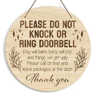 Baby Sleeping Sign for Front Door, Do Not Knock or Ring Doorbell Door Decorations, Rustic Wooden Hanging Sign for Farmhouse Porch Nursery, Wood Door Hanger for Outdoor, Kids Room Wall Decor -39