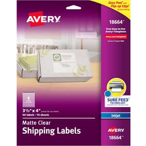 Avery Printable Shipping Labels with Sure Feed, 3-1/3" x 4", Matte Clear, 60 Blank Mailing Labels (18664)
