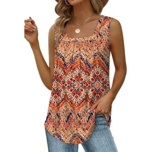 Saloogoe Summer Tank Tops for Women Loose Fit Pleated Square Neck Sleeveless Tops Curved Hem Flowy, Size XXL