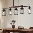Kitchen Island Lighting, 5-Light Dining Room Light Fixture Over Table, Black Metal & Wood Linear Chandeliers with Cage Shade, Farmhouse Rustic Hanging Ceiling Pendant Light Fixtures for Kitchen