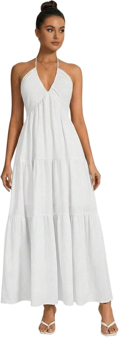 OYOANGLE Women's Summer Beach Halter Sundress Formal Wedding Guest Dress Backless Flowy Vacation Boho Maxi Dresses, Size: X-Small (White)