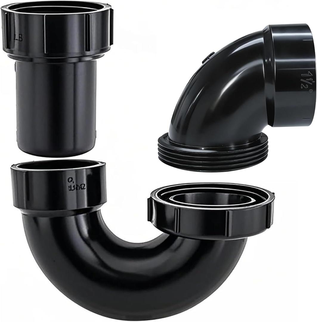 Lesso ABS Adjustable P Trap1 1/2 Inch for RV Drain Bathroom Kitchen Sink Drain Pipe Tubular Kit with White Threaded Adapter Ring