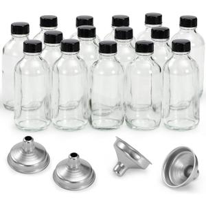 15 Pack, 4 oz Small Clear Glass Bottles with Lids & 4 Stainless Steel Funnels - 120ml Boston Sample Bottle for Potion, Juice, Wellness, Ginger Shots, Whiskey, Liquids - Mini Travel Essential Bottles