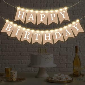 Breling 2 Pieces Burlap Happy Birthday Banner Flags Decor and 2 Pieces Mini LED Fairy Lights Battery Rustic Banner Garland Bunting for Adult Women Men Birthday Party Baby Shower Fireplace Supplies