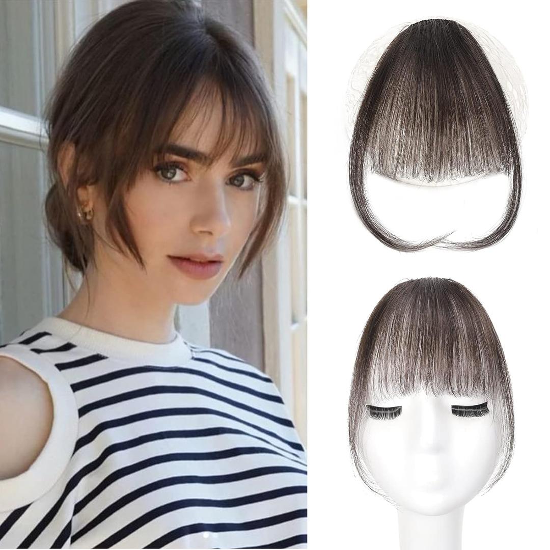 Bangs Hair Clip in Bangs 100% Real Human Hair Extensions Fake Wispy Bangs Fringe with Temples Curtain Flat Neat Front Air Hairpieces for Women Kids Daily Wear Brown (2# Dark Brown)