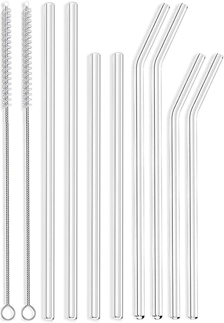 ALINK 8-Pack 7mm Slim Glass Straws, Reusable Clear Skinny Drinking Straws for 20 oz 30 oz RTIC/YETI Tumblers, Tervis, Mason Jars with 2 Cleaning Brush