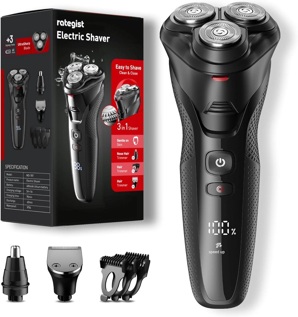 Electric Razor for Men, rategist Rechargeable Shaver, Waterproof Wet Dry Cordless, Adjustable Speeds, with Nose Hair Trimmer (Brilliant Grey)