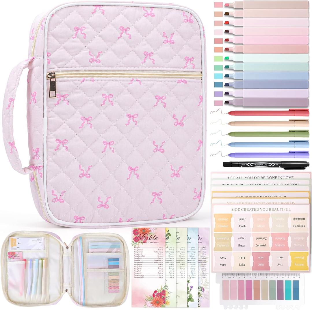 XKDOUS Bible Cases with Study Supplies Durable Carrying Book Case Quilted Bible Cover Large Bible Bag with Handle & Zippered Pocket Portable Church Book Holder for Women (Cotton Pink Bow)