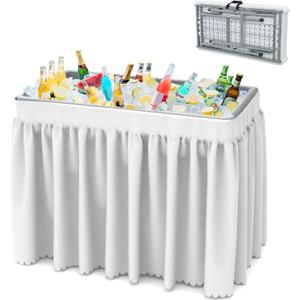 Folding Ice Cooler Table, Skirt &Drain Hose Plastic Chill Table to Keep Drinks Cool, Portable Foldable Self-Serving Beverage Cooling Bar for Parties, Picnics, Barbecues, Fishing(White