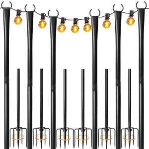 6 Pack String Light Poles for Outside, Heavy-Duty Metal Poles for Outdoor String Lights with Fork, Adjustable Lighting Hanging Accessories for Patio Decor Pergola Backyard Garden Outside Decorations