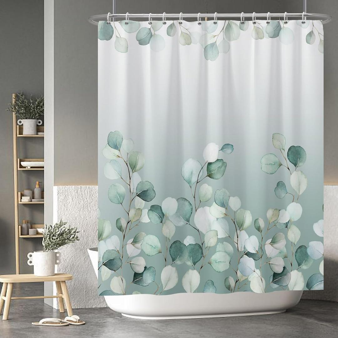 Baocicco Baocicoo Eucalyptus Leaf Shower Curtain Sets Green Leaves Botanical Watercolor Plants Shower Curtains for Bathroom Waterproof Durable Polyester Neutral Shower Curtain with Hooks 60x72 Inches (60W x 72H)