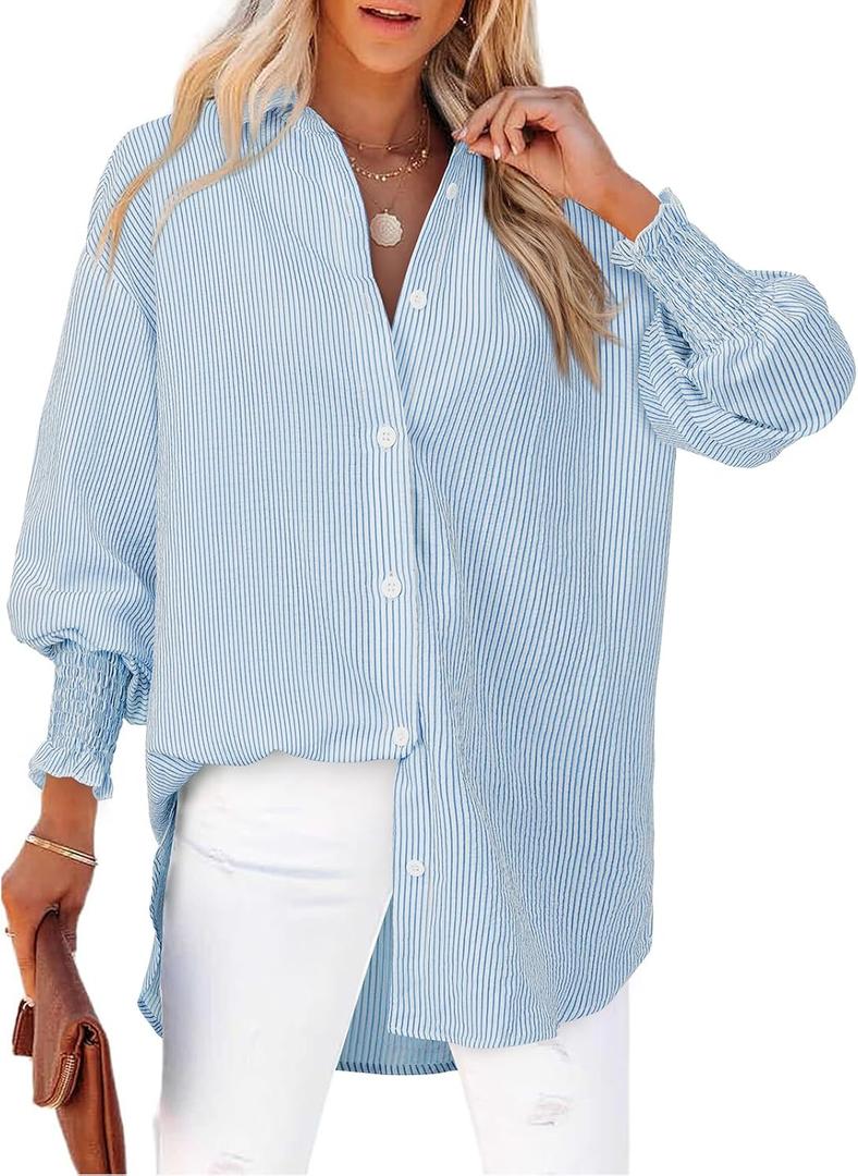 Women's Striped Button Down Shirts Long Sleeve Smocked Cuffed Oversized Boyfriend Blouses Collared Work No Pockets Tops (Blue, L)