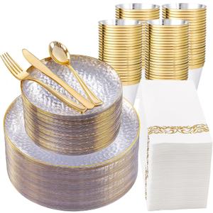 DaYammi 350PCS Clear Gold Plastic Dinnerware Set for 50 Guests, Hammered Disposable Plates for Party, Include: 50 Dinner Plates, 50 Dessert Plates, 150 Gold Silverware, 50 Napkins, 50 Cups