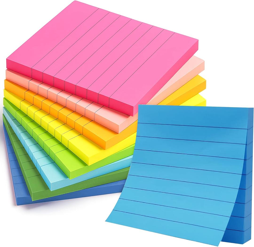 2 x Lined Sticky Notes 3x3 Pack of 8, Bright Colored Super Self Sticky Pads - 60 Sheets/Pad - Easy to Post for School, Office Supplies, Desk Accessories