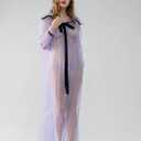 Women Long Mesh Nightgowns and Underpants Lace Babydoll Lingerie Sleepwear See Through Robe with Sleeve (Purple)