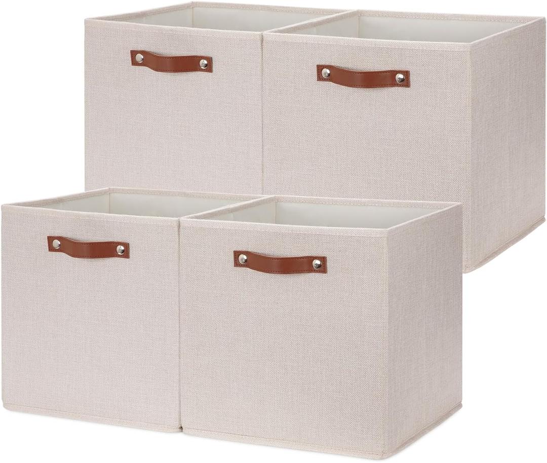 HNZIGE Foldable Storage Cubes Bins for Organizing, Set of 4, Fabric Cube Canvas Storage Bins 11 x11, Collapsible Bins for Organization with Handles for Shelf Nursery (Cream)