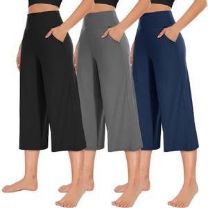 NEW YOUNG 3 Pack Women's Wide Leg Pants with Pockets High Waist Loose Sweatpants Casual Lounge Yoga Workout Palazzo (Medium, Capri-black,navy Blue,dark Grey)