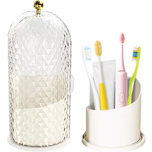 Multifunctional Rotating Toothbrush Holders with Sliding Lid, The 3-Slot Bathroom Countertop Vanity Organizer Perfect for Tooth Brush, Toothpaste, and Makeup Brushes Holder Storage (White)