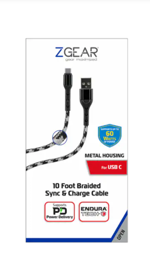 ZGear 10 Foot Braided Sync & Charge Cable - White/Black