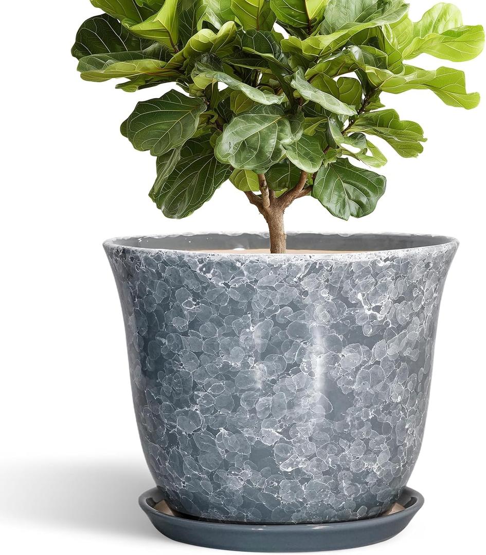 Ceramic Plant Pots - 12 Inch Plant Pot with Drainage Hole and Saucer, Round Planter for Indoor Outdoor, Modern Decorative Planters, Large Flower Pots, Home Decor, Housewarming Gifts, Grey