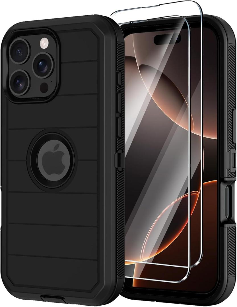for iPhone 16 Pro Max Case with Screen Protector,Heavy Duty 3-Layer Military Grade Drop Protection Cases,Full Body Shock-Absorbing Dust Proof Rugged Bumper Phone Cover for Apple 16 Pro Max (Black)