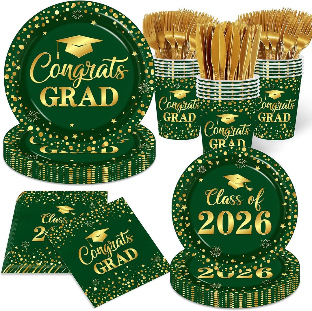 Graduation Plates and Napkins, Green and Gold Graduation Decorations 2026 Tableware Class Of 2026 Grad Paper Plates and Napkins for Congrats Grad Party Decorations