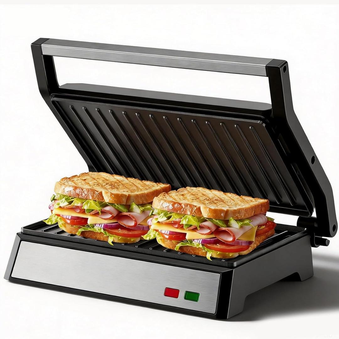 Panini Press Grill, 1200W Sandwich Maker with Non-Stick Plates, Standard 2-Slice Sandwich Press Electric Indoor Grill, Opens 180 to Fit Any Size of Food, Removable Drip Tray, Stainless Steel, Sliver