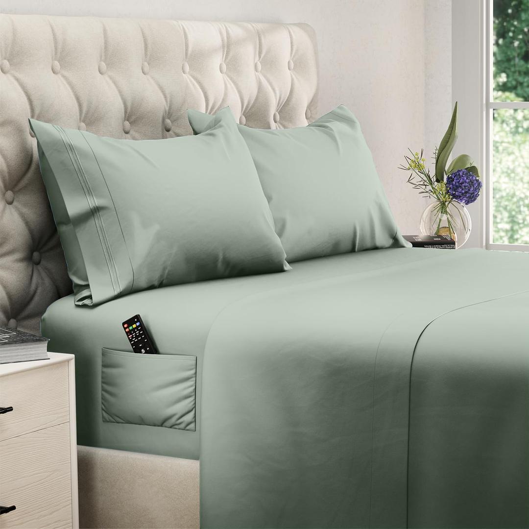 DREAMCARE Full Size Sheets Set - 4 Pcs Cooling Bed Sheets with Up to 15" Deep Pockets - Soft, Long-Lasting 100% Brushed Polyester with Side Pocket (Sage Green)