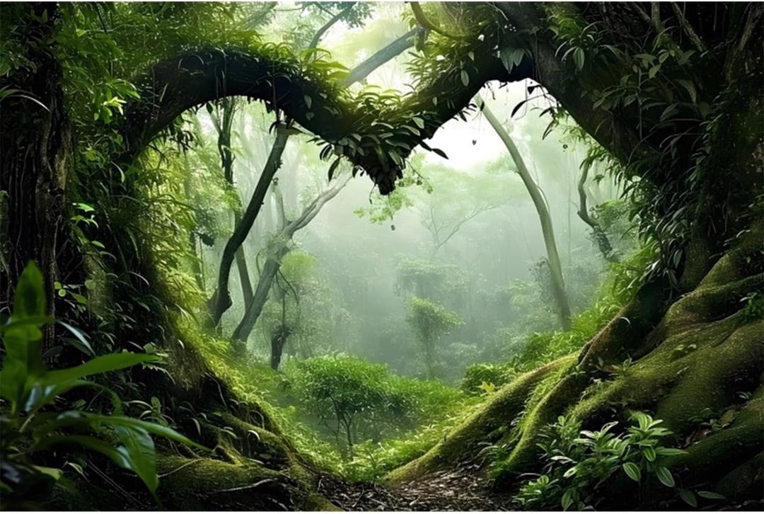 AWERT 24x12 inches Polyester Tropical Rainforest Terrarium Background Stream Green Huge Tree Reptile Habitat Background Foggy Rainforest Aquarium Background