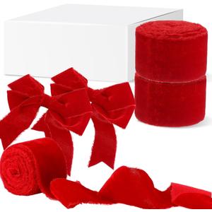 6 Yards Velvet Wrapping Ribbon, 2 Roll Wedding Silk Frayed Handmade Velvet Ribbon for Wrapping Wedding Bouquet Invitation Cards Handmade Crafts Bouquet Gift Wreaths Decor (Red, 2 Inch)