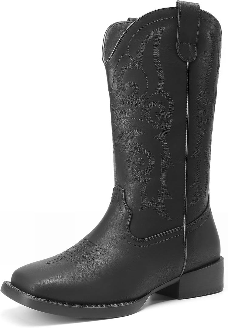 DREAM PAIRS Women's Cowboy Cowgirl Boots Embroidered Square Toe Mid Calf Western Boots Fashion Dress Chunky Low Heel Shoes for Theme Party Country Concert (8.5, All Black)