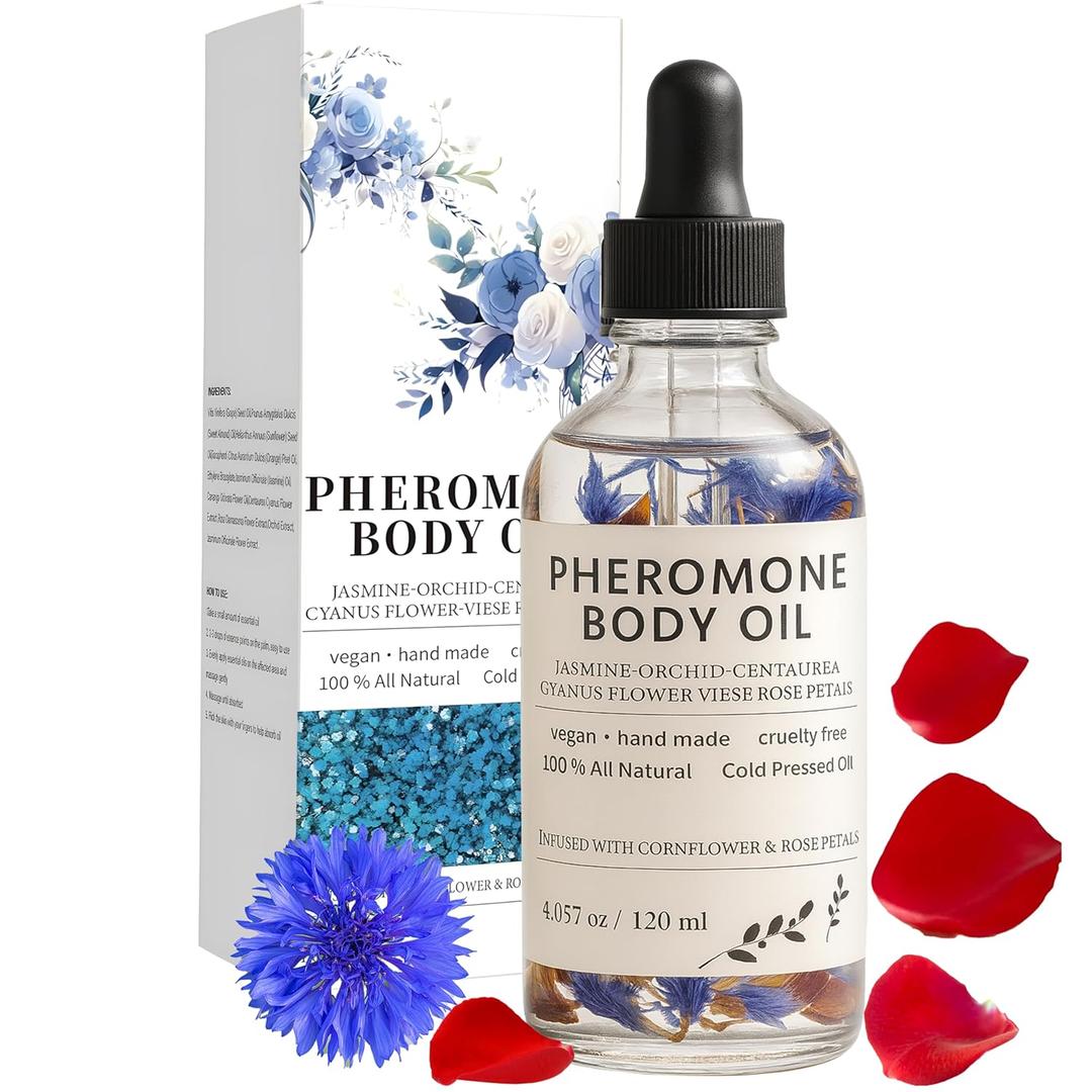 Pheromone Body Oil Perfume for Women  With Rose Petal, Sweet Almond Oils, and Cornflower Petals, Vanilla, Attractiveness Enhancer & Confidence Booster  Long-Lasting Fragrance (3.8 Fl Oz (Pack of 1))