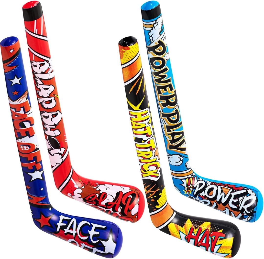 Deekin Set of 24 32 Inch Inflatable Hockey Sticks Party Favors Birthday Decorations, 4 Trendy Style, Funny Blow Up Hockey Stick Sports Birthday Party Supplies