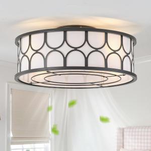 20" Black Flush Mount Ceiling Fans with Lights, Farmhouse Rustic Ceiling Fan with Light and Remote, Low Profile for Bedroom, Dining Room