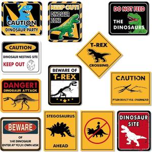 Dinosaur Birthday Decorations - 12 PCS Dinosaur Party Supplies for Boys Kids Dino Birthday Funny Dinosaur Sign Decor for Jurassic Theme Baby Shower Holiday Party Favors Caution T-Rex Sign Wall Decor