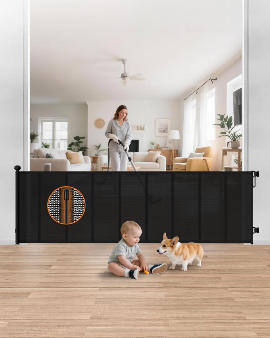 Retractable Baby Gate Extra Wide, 100" Wide Anti-Sagging Pet Gate with 8 Support Rods, 34" Tall Scratch-Resistant Extra Long Dog Gate for Large Openings, Doorways & Open Spaces, Black