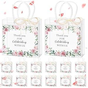 Kolldenn 12 Pcs Clear Wedding Gift Bags with Handle for Hotel Guests Thank You for Celebrating with Us Wedding Welcome Bags for Bridal Shower Party Favor, 7.87 x 7.87 x 3.15 Inches(Flowers)
