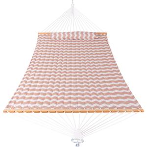 Quilted Fabric Hammock with Spreader Bar, 2 Person Double Hammock with Pillow and Chains, Hammock for Outdoor Outside Patio Poolside Backyard Beach 450 lbs Capacity,Beige Wave