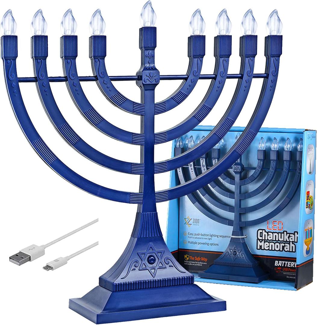 Zion Judaica Blue Electronic Hanukkah Menorah Powered by Batteries or USB 4' Cable Included Flameless Chanukkah Candles Holder LED Electric Minorah Bulbs Chanukah Deco Chanukkiah (Full Size)