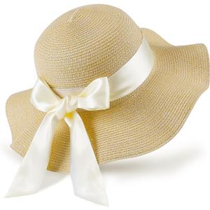 GNEGNI Straw Sun Hats for Women, Wide Brim Summer Beach Hat with Detachable Silk Tie, Foldable Floppy Hat - UV Sun Protection