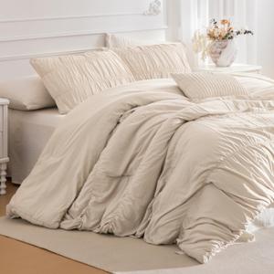 Lady Ann Oversized King Bed Comforter Set- Wheat Ruched Boho 120 x 120 Comforter Set for Bedroom, 3 Piece Fluffy Bedroom Set with Pillow Shams Soft All Season Bed Sets