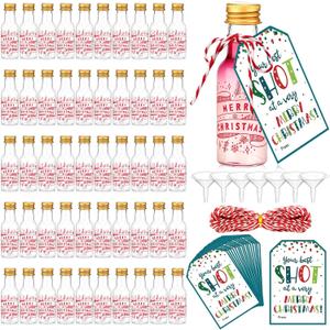 Potchen 50 Set Mini Liquor Bottles Christmas Party Favors for Guests Xmas Mini Plastic Bottle 1.8oz/50ml Shot Bottles with Gold Screw Caps Funnels Xmas Tags and Ropes for Christmas Party Decorations