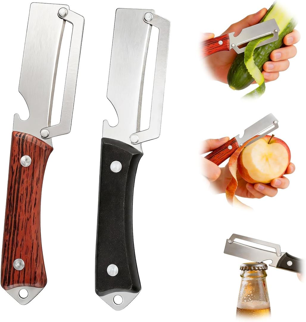 2 x Multifunctional Vegetable Peeler with Hang Hole, 2 in 1 Stainless Steel Fruit Veggie Peeler, Handheld Potato Peeler Knife with Bottle Opener Kitchen Tool for Peeling Carrot Pineapple Pumpkin(2 Pack)