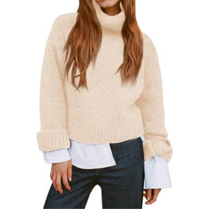 Saodimallsu Womens Turtleneck Fuzzy Sweaters Long Sleeve Chunky Knit Casual Loose Warm Fall Winter Pullover Sweater (Small, Apricot)