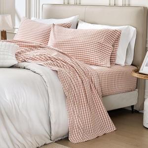PURE ERA Pink Gingham Sheets Set 100% Washed Cotton Linen Like King Size | Breathable Soft Lightweight, 4 Pieces, Pink Plaid Checkered Bed Sheets, 15" Deep Pocket, Gingham Farmhouse Bedding