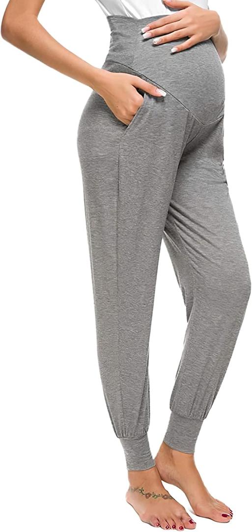 Maternity Pants Lounge Workout Joggers Track Cuff Over The Belly Sweatpants Stretchy Pregnancy Pajama Pants (Gray, XL)