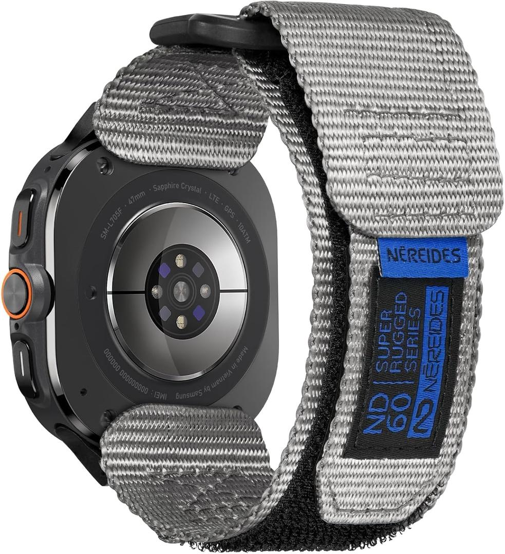 Nereides Watch Band Compatible with Samsung Galaxy Watch Ultra 2 47mm(2024/2025) for Men Women, Nylon Sports Adjustable Replacement Strap for Galaxy Watch Ultra 2 (Grey) (Large)